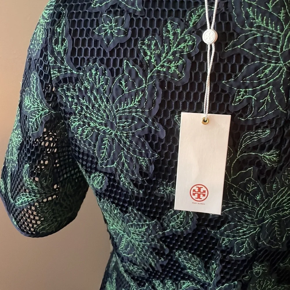 Tory Burch Black Lace Midi Dress with Green Floral Embroidery